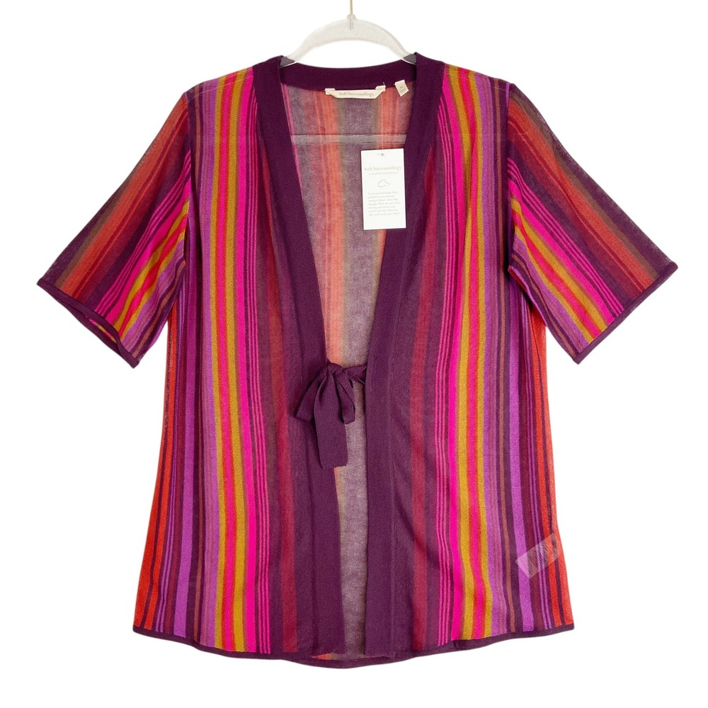 Soft Surroundings Womens Petite Small PS Striped Tie‎ Front Cardigan Red Purple